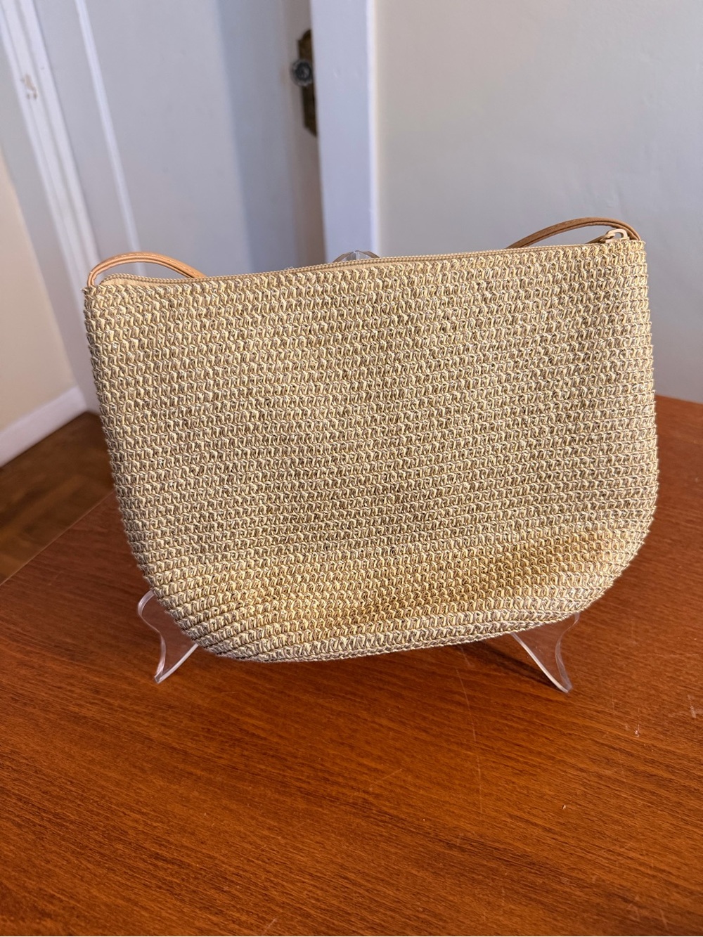 Magid Metallic Gold Woven Paper Straw Crossbody Bag Long Strap